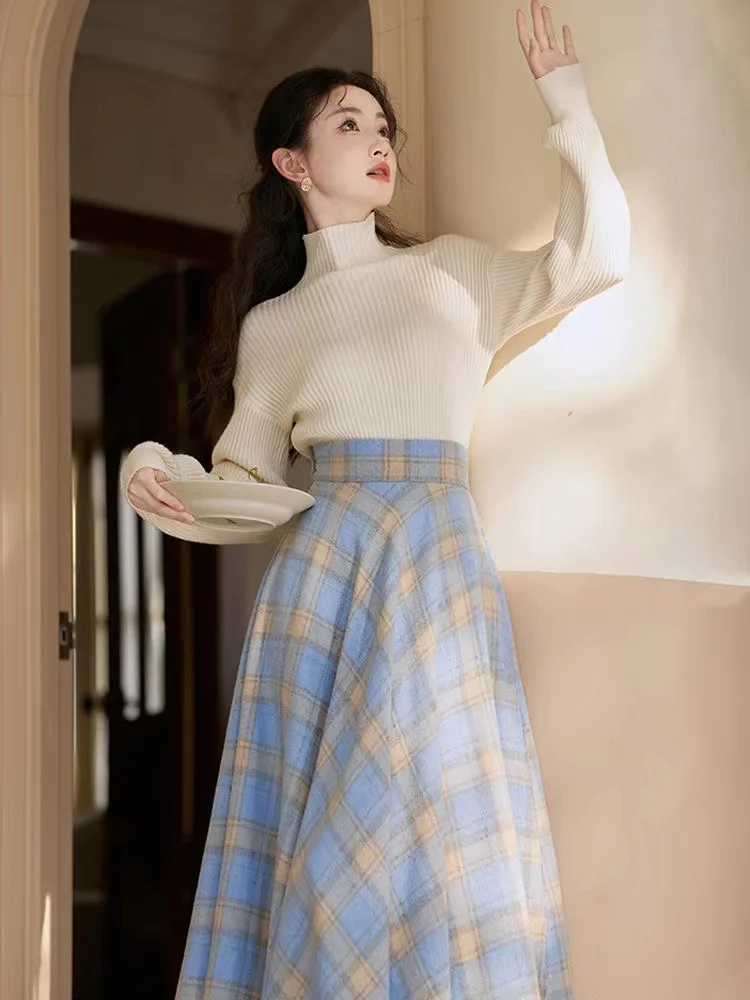 

Женская модная шерстяная длинная юбка, Осень-зима, трапециевидная клетчатая юбка небесно-голубого цвета с высокой талией