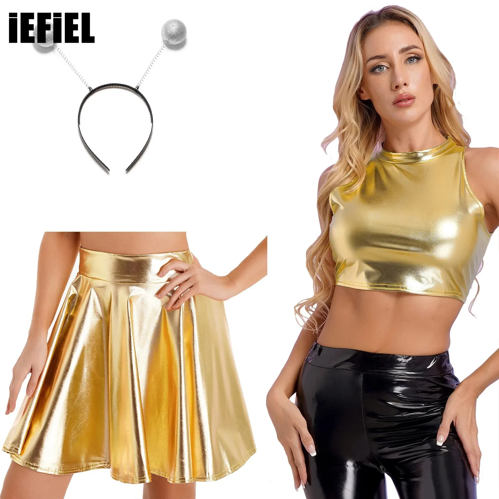 

Womens Alien Role Play Costume Outfit Shiny Metallic Mock Neck Crop Top with High Waist Flare Skirt And Hair Hoop Headband