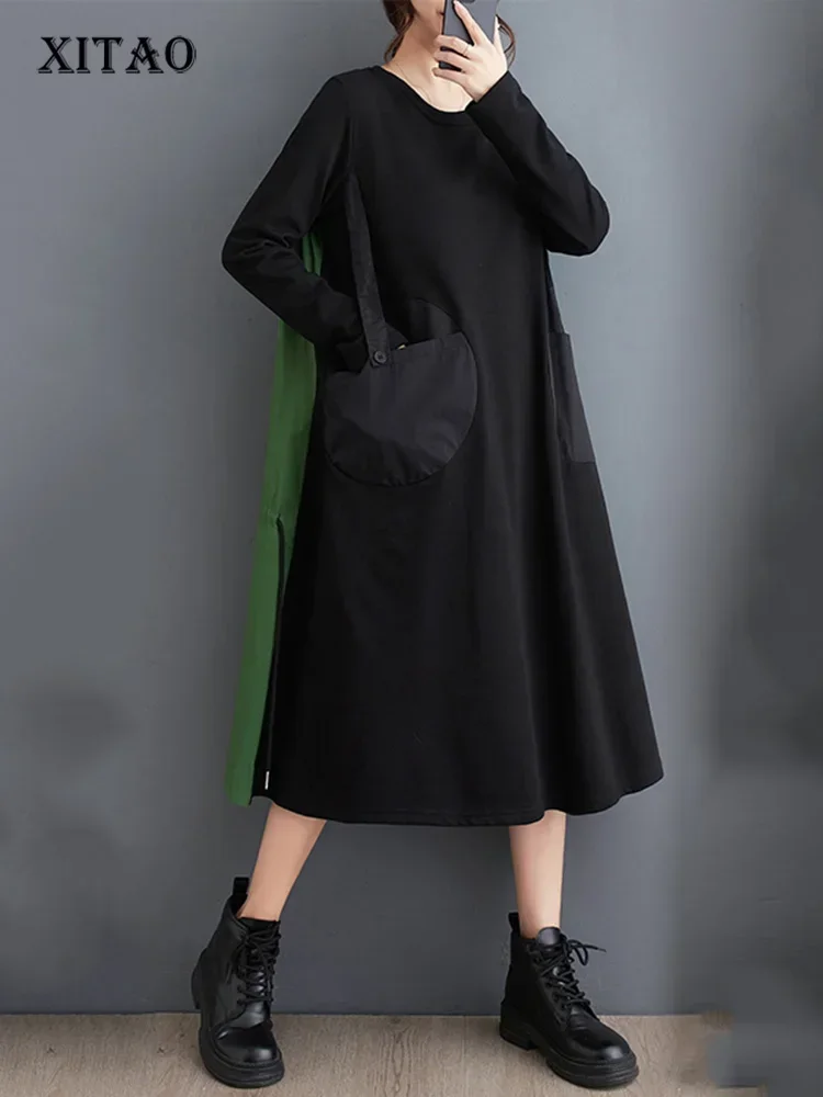 

Платье XITAO в стиле пэчворк контрастных цветов, повседневное свободное модное простое платье-пуловер с длинным рукавом и круглым вырезом, новинка 2024 DMJ3240