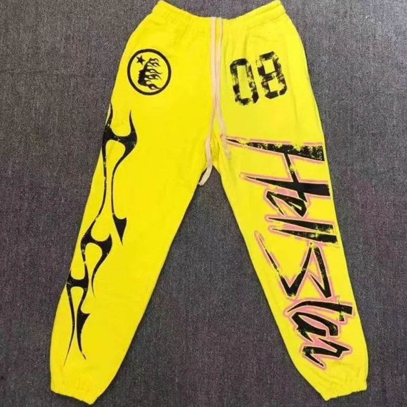 

Yellow Casual Hellstar Pants American High Street Letters Flame Print Hip Hop High Quality Men Women Sweatpants Corset Trousers