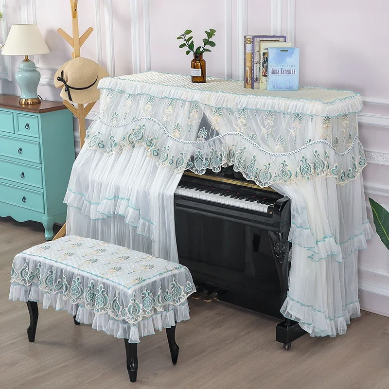 

2-piece Set Lace Embroidered Small Fresh Piano Cover Double Layer Gauze Piano Dust Cover Piano Protective Case with Flounce Hem