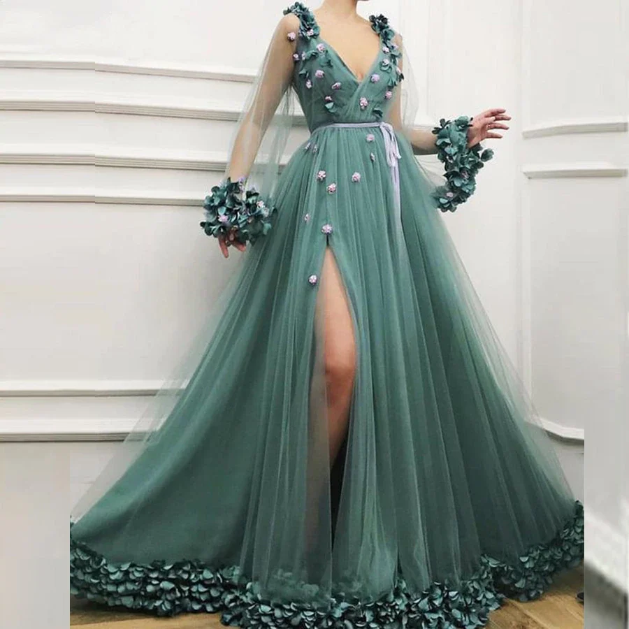 Boho A Line Prom Dress V Neck Long Sleeves 3D Appliques Sashes Tulle High Split Women Cocktail Party Gowns Vestido De Fiesta
Boho A Line Prom Dress V Neck Long Sleeves 3D Appliques Sashes Tulle High Split Women Cocktail Party Gowns Vestido De Fiesta
