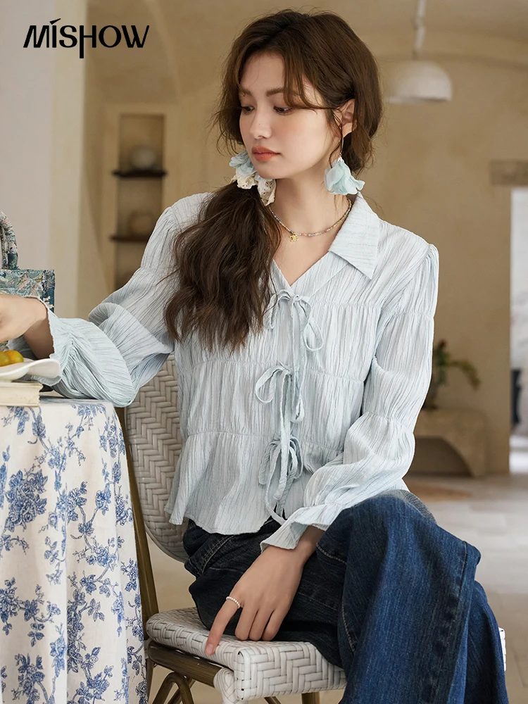 

MISHOW French Chiffon Bow Tie Up Top for Women's 2024 Spring Elegant Blue V-neck Lapel Collar Flare Sleeve Sweet Top MXD15C0208