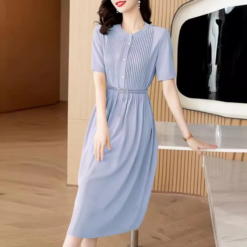 Short Sleeve Dress Summer Women's O Neck Solid Color Slim Dress High Waist Lean Pleated Long Dress Belt
Short Sleeve Dress Summer Women's O Neck Solid Color Slim Dress High Waist Lean Pleated Long Dress Belt