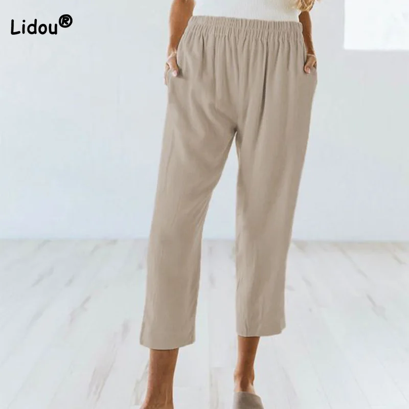 

Simplicity Double Pocket Solid Color Elastic Waist Loose Straight Seven Points Trousers Casual Spring Summer Thin Women Pants