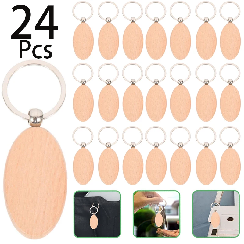 

24Pcs Wooden Keychain Blanks Wood Tags Keychains with Key Ring Wood Key Chain
