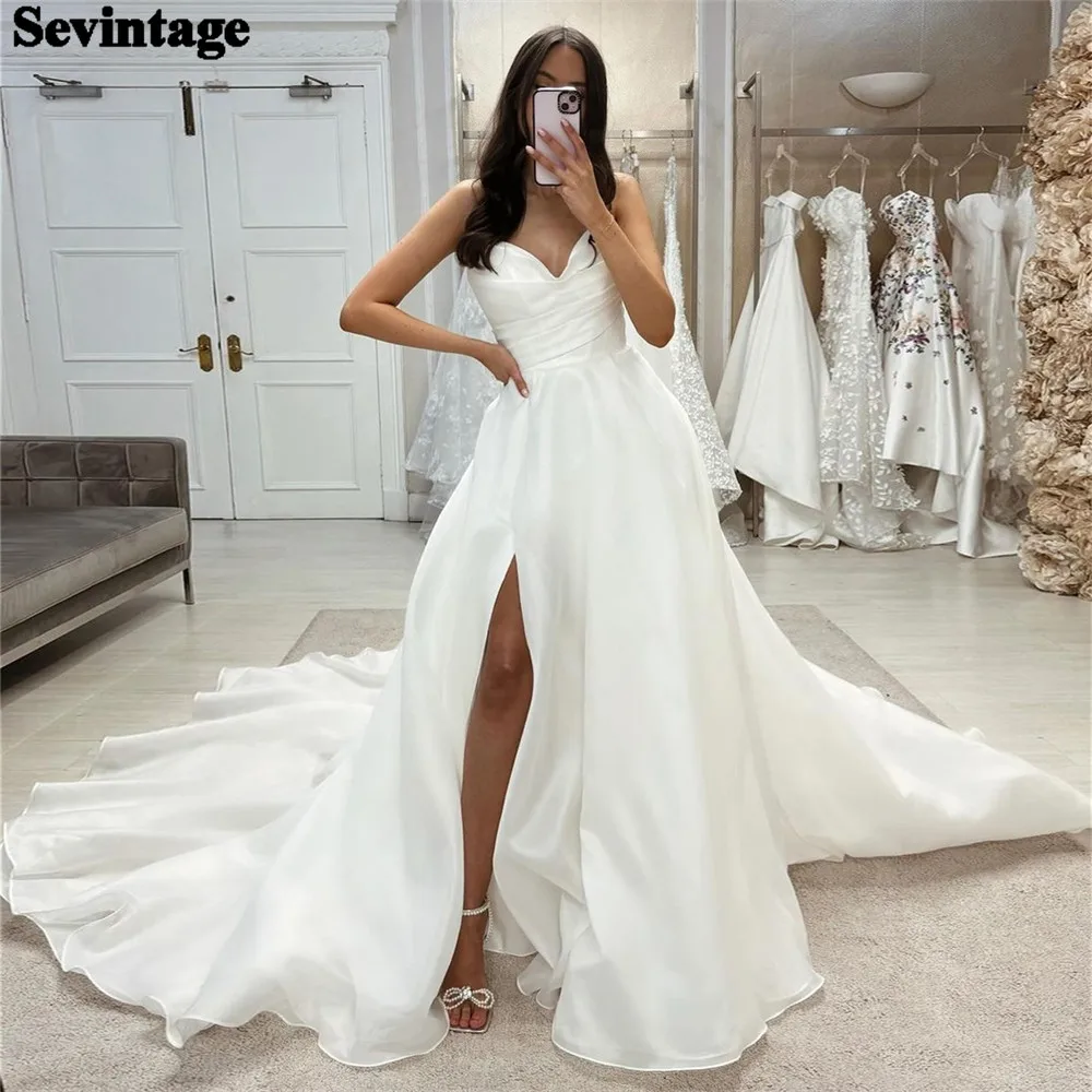 

Sevintage A-Line V-Neck Bride Wedding Party Dress Strapless Organza High Slit Floor Length Court Train Ivory White Bridal Gowns