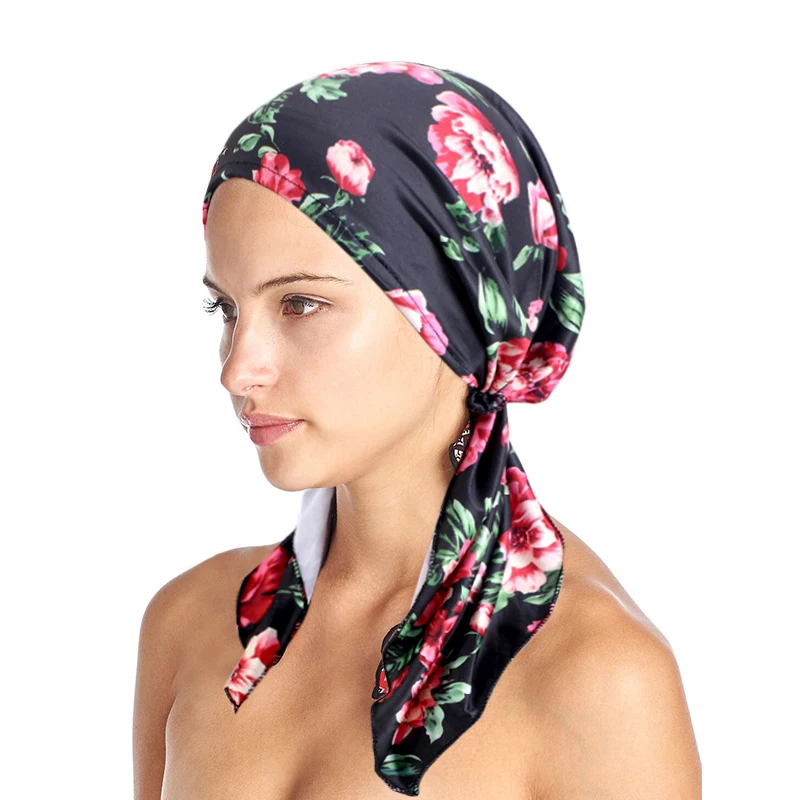 

New Women Printed Pre-Tied Turban Cap Muslim Hijab Inner Caps Hair Loss Cover Beanies Bonnet Long Tail Headscarf Strech Bandana