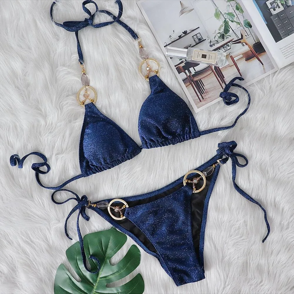 SERENECHIC 2025 New Sexy Halter Micro Bikini Set Shiny Solid Lace Up