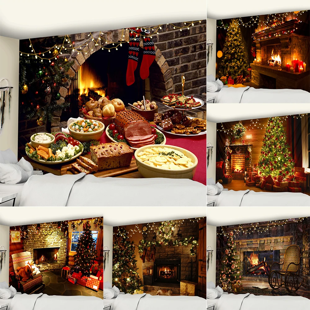 

Merry Christmas tree fireplace decoration printed pattern tapestry home living room bedroom wall