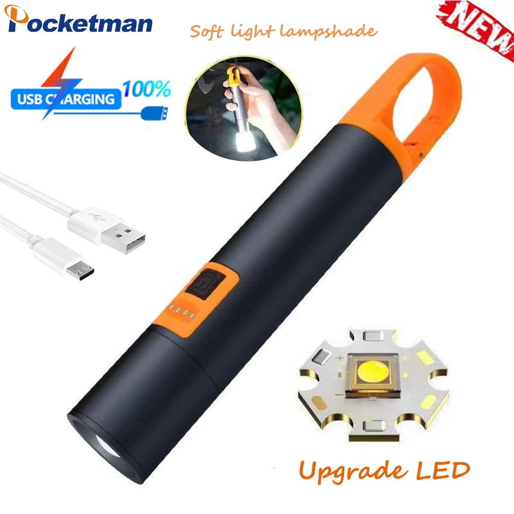 

High Lumen P90 LED Flashlight USB Rechargeable Camping Light Work Light Waterproof Torch with Built-in Battery/hook lampshade