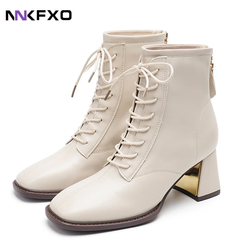 Women Shoes Autumn Winter apricot Boots Lace-up Zipper Boot Leather High Heels Chunky Female Short Boots British Boots
Women Shoes Autumn Winter apricot Boots Lace-up Zipper Boot Leather High Heels Chunky Female Short Boots British Boots