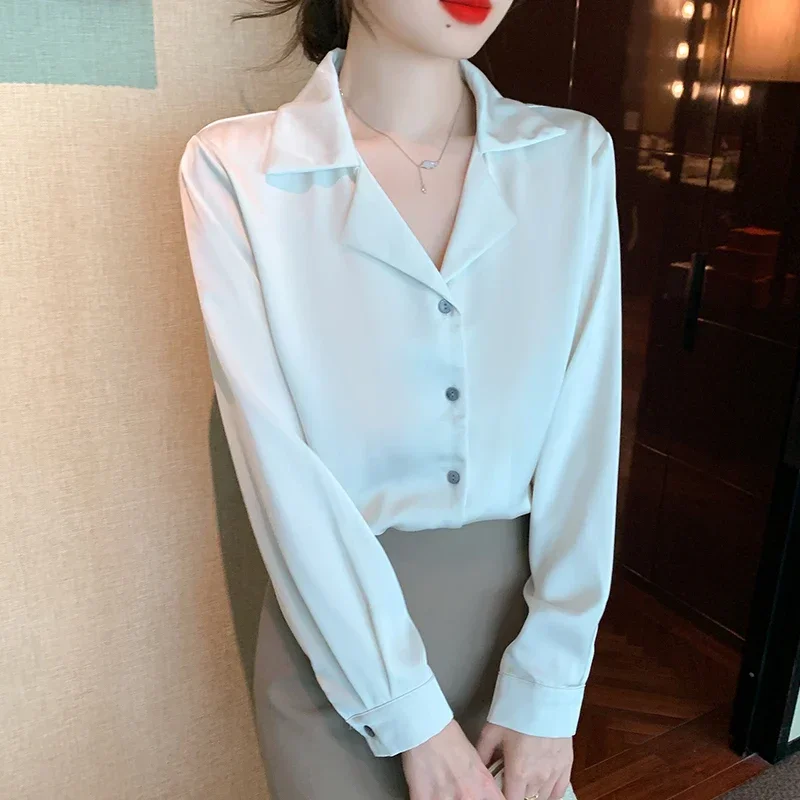 

Блузка Женская атласная с отложным воротником, Офисная рубашка с длинным рукавом, элегантный топ абрикосового цвета, одежда для женщин, 29892
