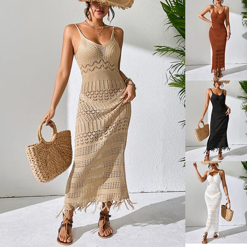 

Elegant V-Neck Lace-Up Beach Dress with Flowy Fringe