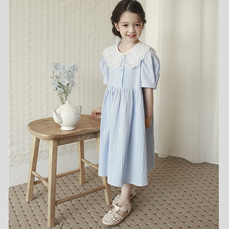 

JUCPKID 2024 Summer Junior Girl Dress Teenager Girl Detachable Lace Collar French Straight Dress School Girl Bubble Sleeve Dress