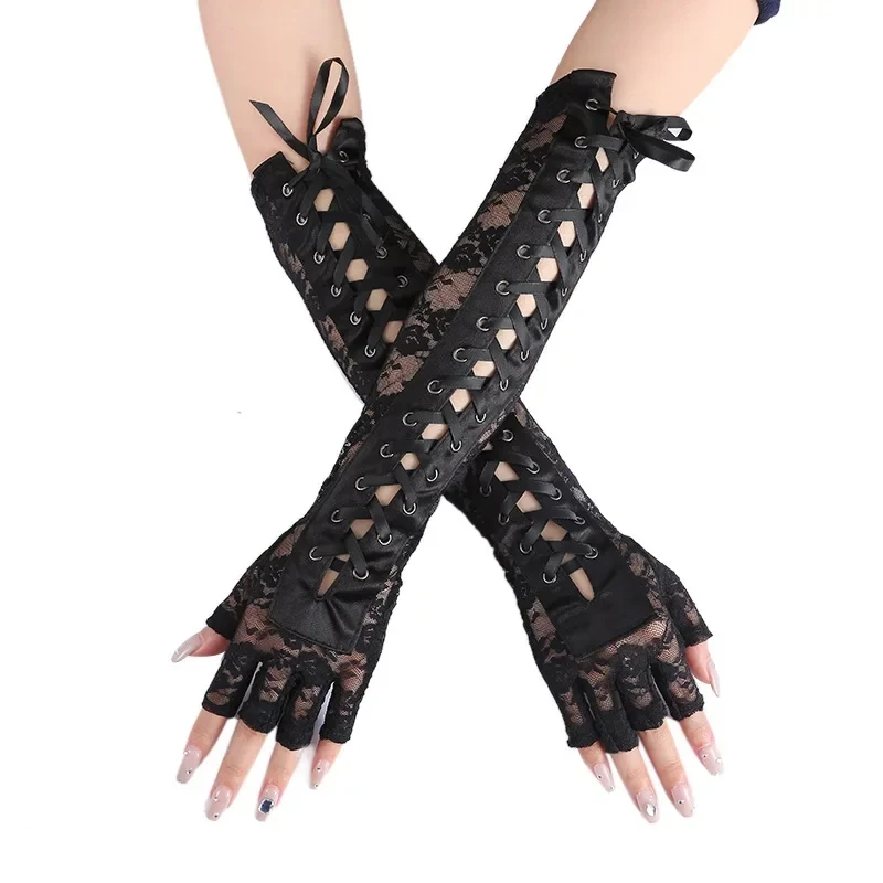 

Women Sexy Floral Lace Elbow Length Half-Finger Gloves Black String Ribbon Ties Up Dance Party Fingerless Fishnet Mesh Mittens