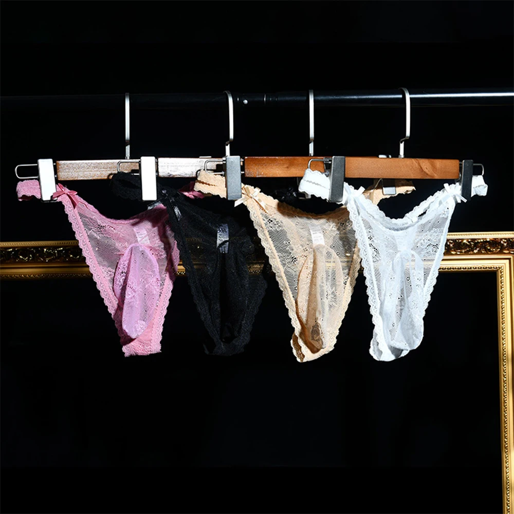 

Transparent Men Lace G-string Sissy Bulge Pouch Panties Thong See-Through Low Rise Breathable Briefs Underwear Sexy Lingerie