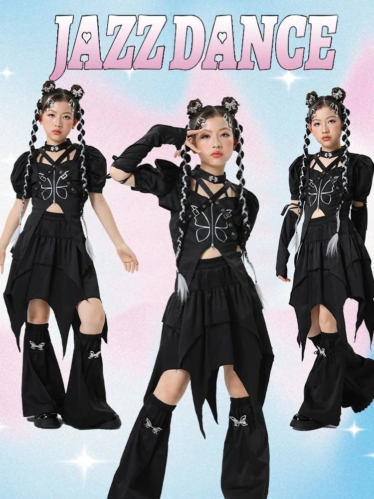 

Детская одежда 2024, черные свободные наряды, костюмы для джазовых и современных танцев для девочек, одежда для выступлений и танцев в стиле хип-хоп DQS16218