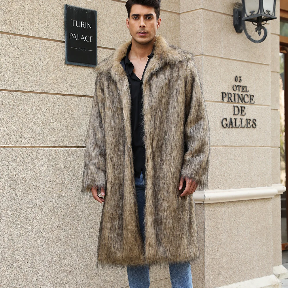 

Vintage Fashion Man's Long Fur Coat Artificial Fur Fluffy Jacket Thick Long Sleeve Furry Overcoat 2023 Winter Outfits for Man