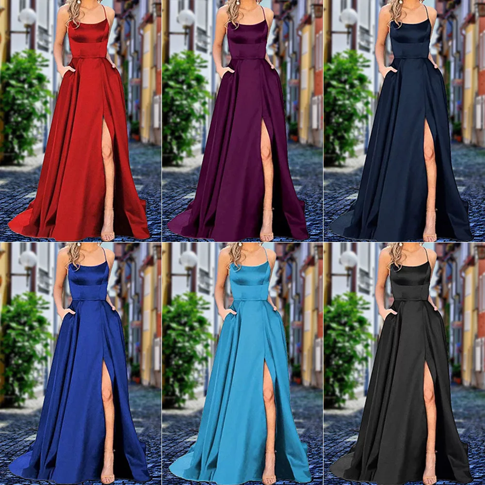 

Women Elegant Halterneck Backless Long Dresses Slit Criss-cross Satin Spaghetti Strap Party Prom Dress Evening Ceremonial Dress