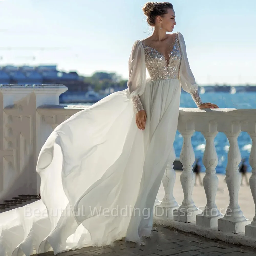 

Shiny Scoop Neck Wedding Dress A Line Sequin Appliques Beading Open Back Court Train Glitter Bridal Gown Vestidos De Novia
