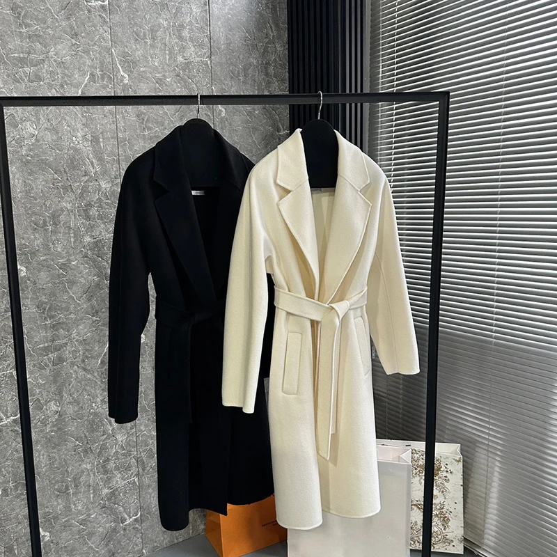 

Water Ripple Double-Sided Cashmere Women's Coat Medium Long Loose Woolen Coat With Lapel Thickened Lace-Up Trench Jacket
