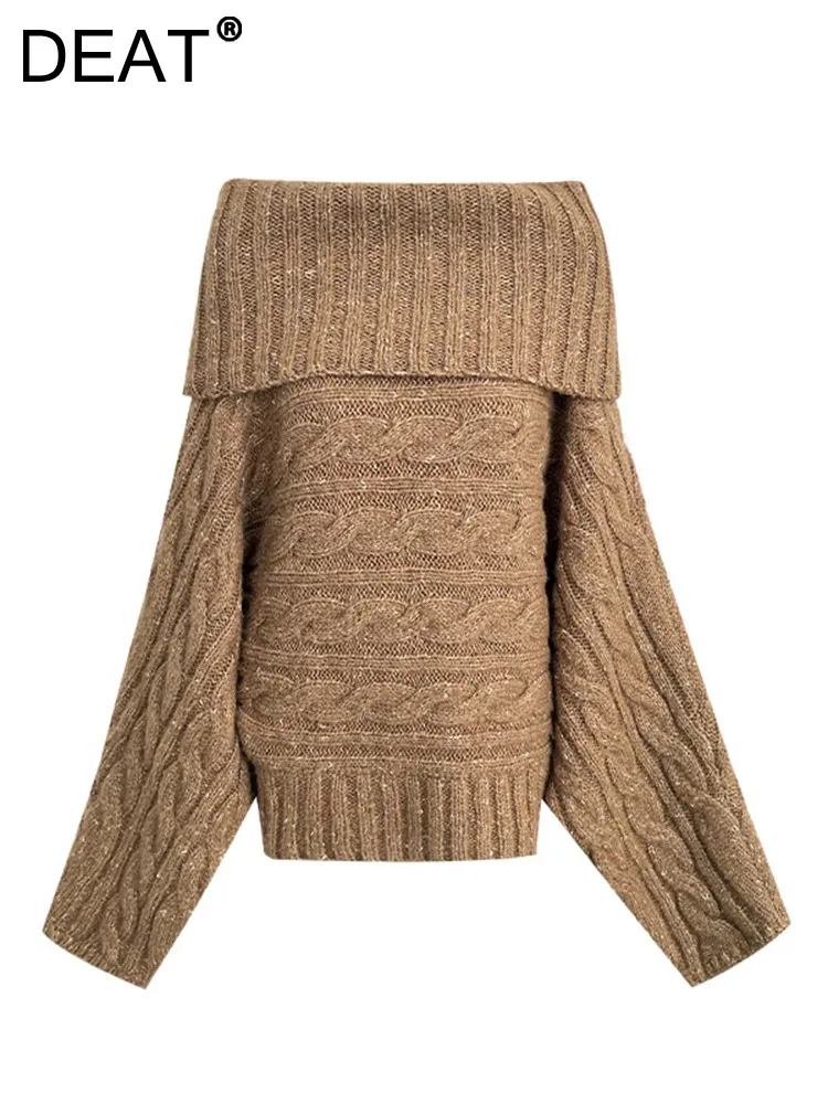 

DEAT Fashion Women's Slash Neck Sweater Loose Long Sleeve Khaki Beige Off Shoulder Knitted Pullover Winter New 2024 Tide 7AB2804