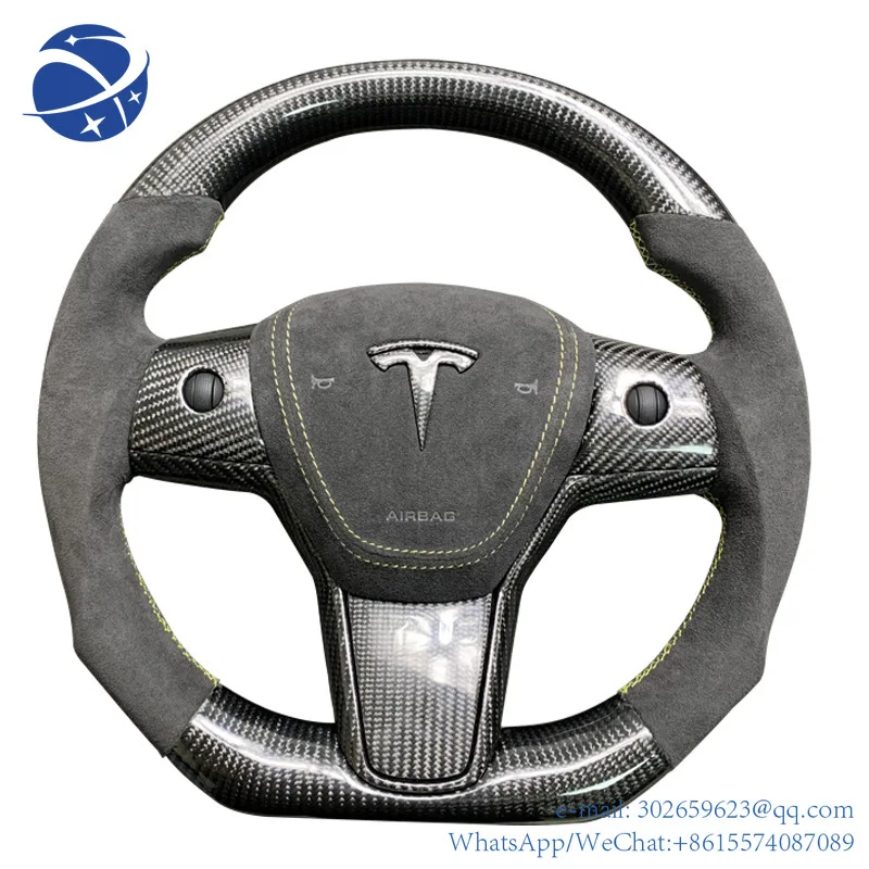 

yyhc Customized Car Flat Bottom Leather Matte Carbon Fiber Steering Wheel With Heating For Model 3 Y X S Yoke Whe