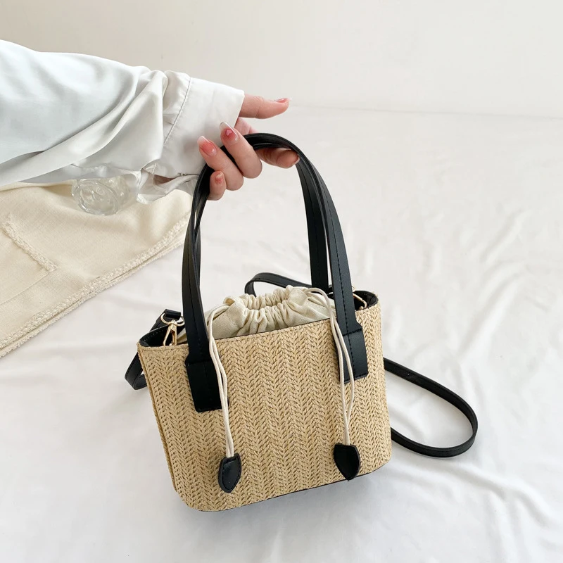 Knit Straw Bucket Tote - Woven Beach Travel Bag with Wrist Handle 18 Scba10131e18f4cd78d80bc9787be3aceq