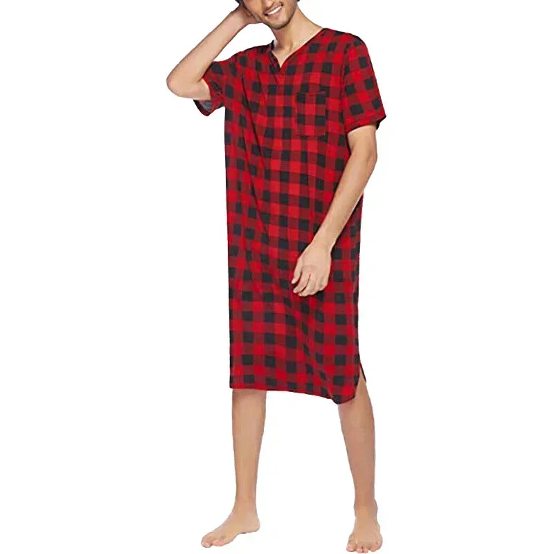 Men Casual Loose Plaid Sleep Robe Nightgown Sleepwear Lattice Short-sleeve V Neck Nightwear Fashion Leisure Comfortable Homewear
Men Casual Loose Plaid Sleep Robe Nightgown Sleepwear Lattice Short-sleeve V Neck Nightwear Fashion Leisure Comfortable Homewear