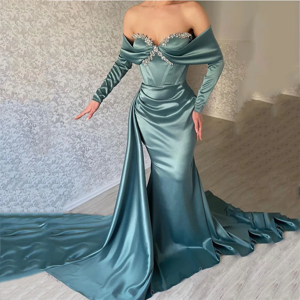 

Classic Pleats Sweetheart Off The Shoulder Mermaid Women Evening Dresses Floor-Length Court Train Prom Gowns فستان سهرة نسائي