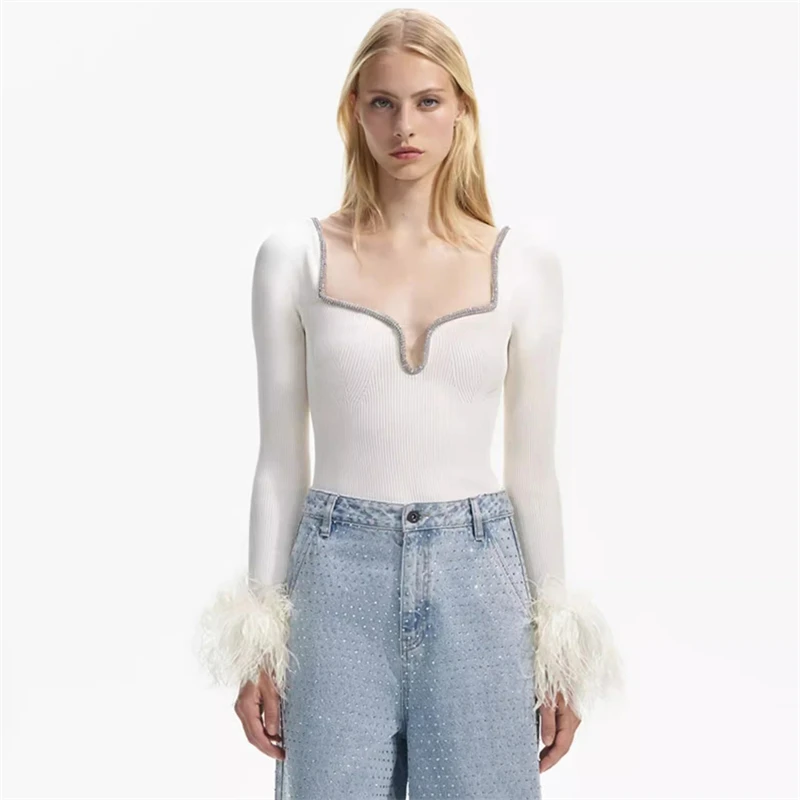 

2024 spring new women's V-neck diamond-studded ostrich feather cuffs spliced pullover knitted y2k high-quality stretchcasual top