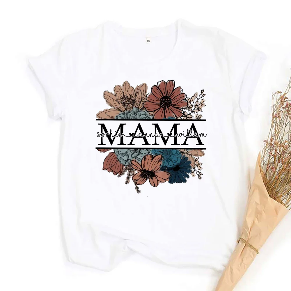 

Футболка для мам с цветочным принтом, винтажная рубашка с именем ребенка, подарок на день матери, 100% хлопок, на заказ