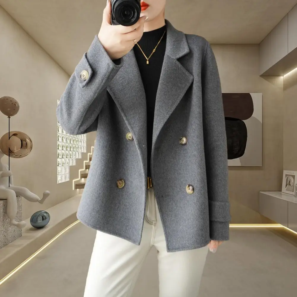 

Women Long-sleeved Jacket Elegant Double-breasted Woolen Coat for Women Stylish Lapel Long Sleeve Jacket Warm Formal Business