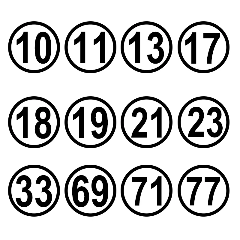 Racing Number 10 11 13 17 23 69 77 in Circle Car Sticker Waterproof Vinyl Decal Stickers for Motorcycle Bumper
Racing Number 10 11 13 17 23 69 77 in Circle Car Sticker Waterproof Vinyl Decal Stickers for Motorcycle Bumper