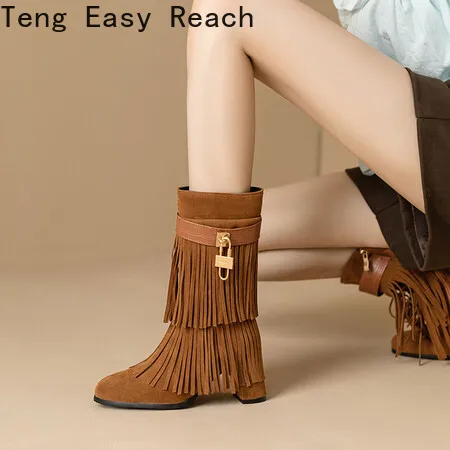 

2023 Fashion Ethnic Woman Bohemian Flock Tassle Moccasin Mid-Calf Boots Fringe Female Slip on Shoes Autumn Winter New