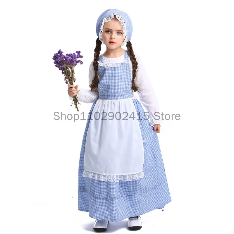 

Cotton Medieval Girls Blue Lattice Alice Maid Cosplay Costume Pastoral Style Farm Little Girl Dress Party Costume Photo Suit