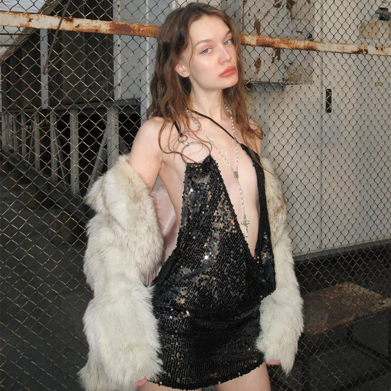 

Женское сексуальное платье с глубоким V-образным вырезом и блестками с открытой спиной, на тонких бретельках, облегающая юбка без рукавов, вечерняя вечеринка, мини-платье Night Culb