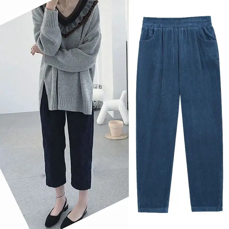 

Autumn Casual Pocket Solid Color High Waist Harem Women Clothes All-match Loose Elastic Waist Pants Female Simplicity Trousers
