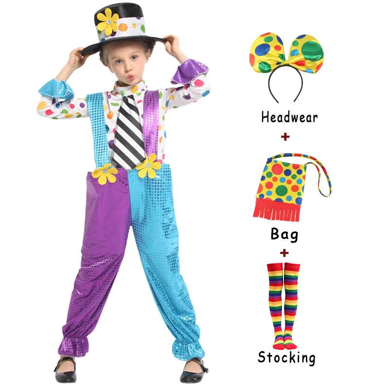 Funny Circus Clown Costume with Headwear Bag Carnival Dresses Naughty Joker Cosplay for Kids Fancy Dress Up
Funny Circus Clown Costume with Headwear Bag Carnival Dresses Naughty Joker Cosplay for Kids Fancy Dress Up