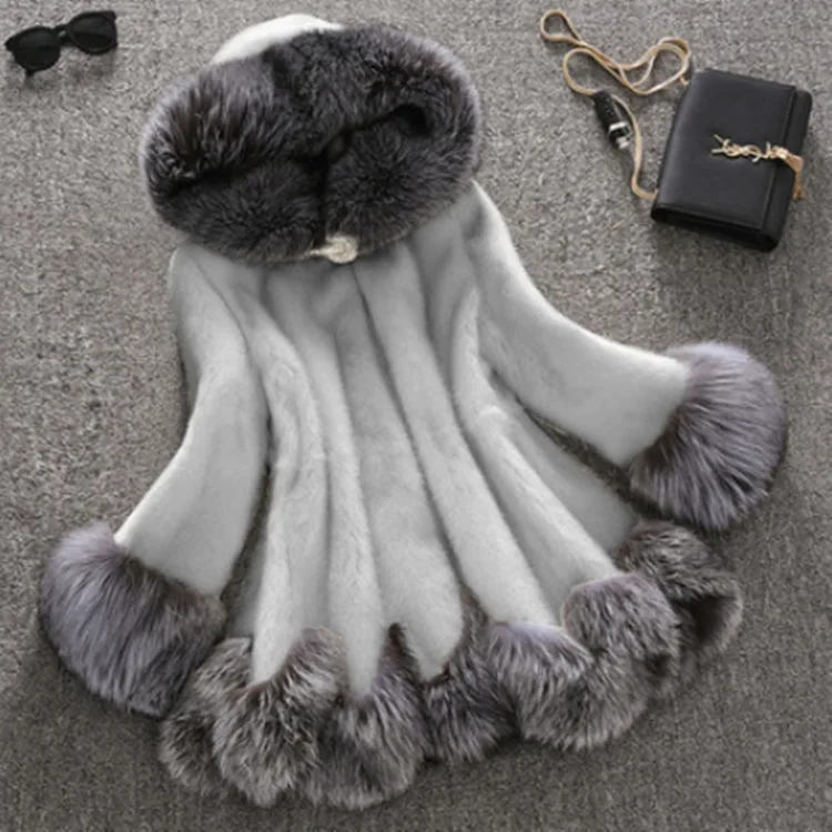 

Faux Fox Fur Coats Women Solid Hooded Full Sleeve Mid Length Coat Splice Slim Fit Jackets Casual Thick Warm Outerwear Winter