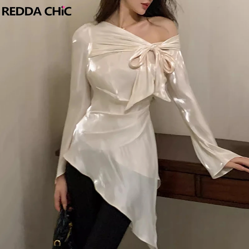 

ReddaChic Bow Strappy Slant Shoulder T-Shirt Women Glossy Satin Plain Casual Long Sleeves Asymmetric Top Elegant OL Clothes