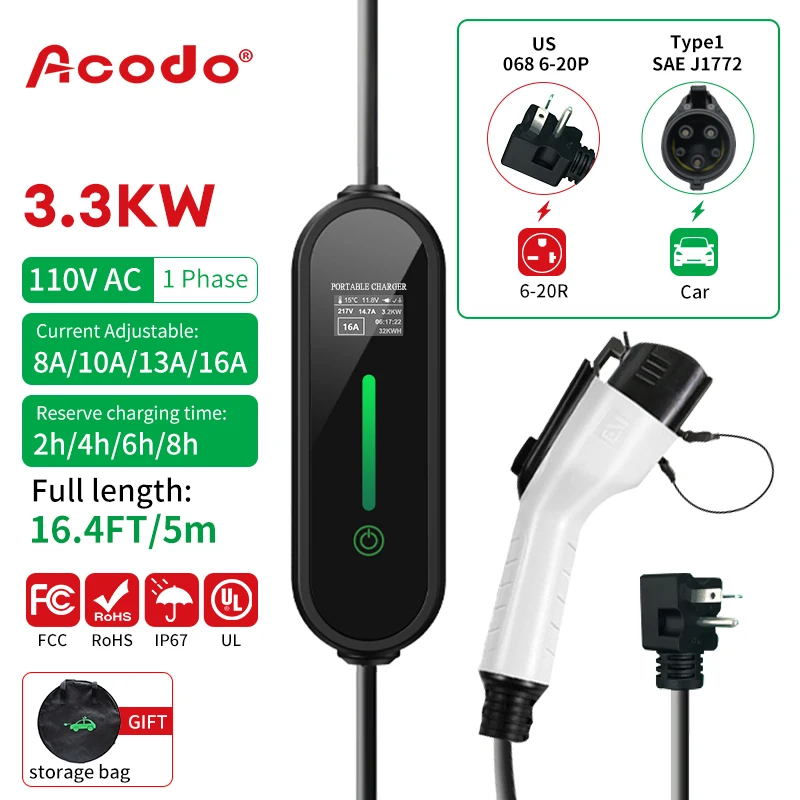 EV Portable Charger Type 1 J1772 Wall Box Car Charger Fast Charging 16a 3.3kw For Electric Vehicle Car Charging With 5M Cable
EV Portable Charger Type 1 J1772 Wall Box Car Charger Fast Charging 16a 3.3kw For Electric Vehicle Car Charging With 5M Cable