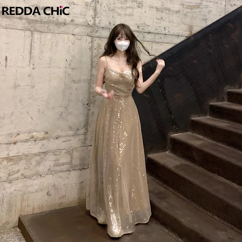 

REDDACHiC Pretty Elegant Sequin Evening Dress Women Champagne Draped Collar Camisole Maxi Long One-piece Glitter Prom Party Gown