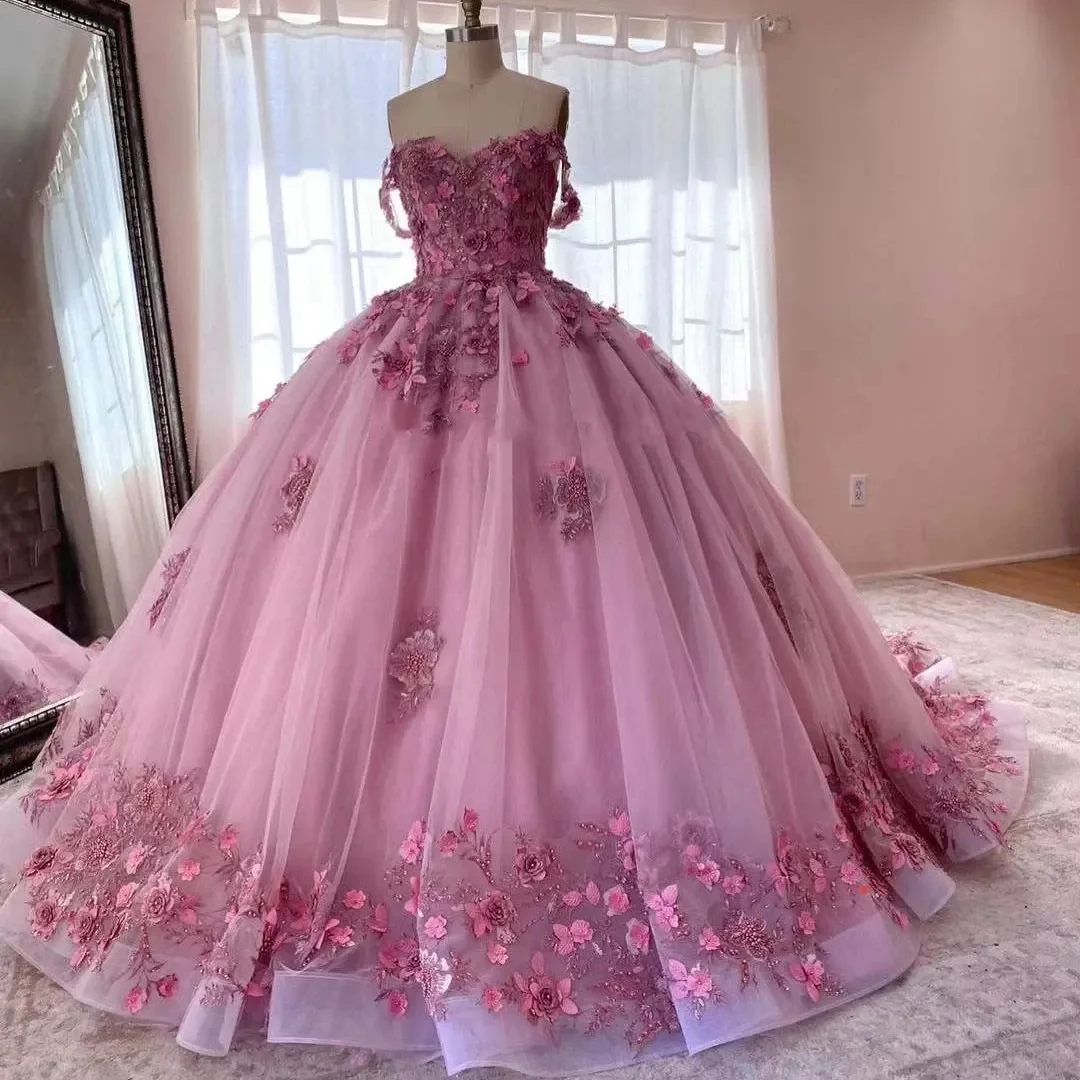 

Женское платье с открытыми плечами, Розовое Бальное Платье с 3D аппликацией, бисером, блестками и цветами, ручной работы, 15 лет