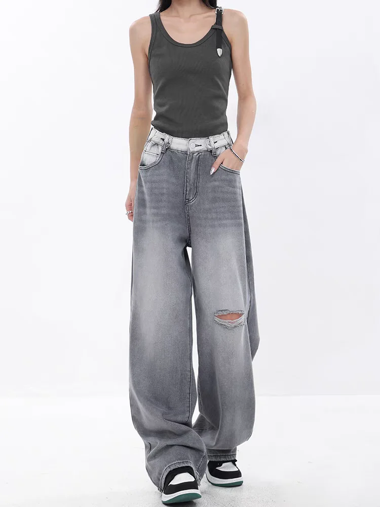 

Women's Distressed Gradient Gray Wide Leg Jeans Young Girl Street Straight Bottoms Vintage Casual Trousers Female Baggy Pants