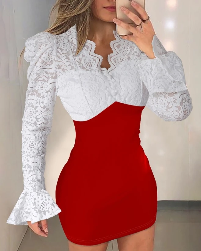 

Women Sexy Colorblock Contrast Lace Bodycon Dress Temperament Commuting Women's Fashion Bell Sleeve Skinny Elegant Mini Dresses