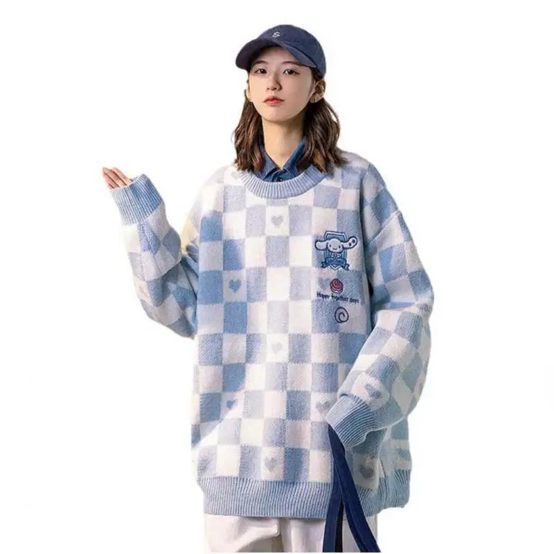 

Kawaii Sanrioed Cinnamoroll My Melody Pom Pom Purin Women's Checkerboard Sweater Anime Autumn Winter Lazy Style Jacket Sweater