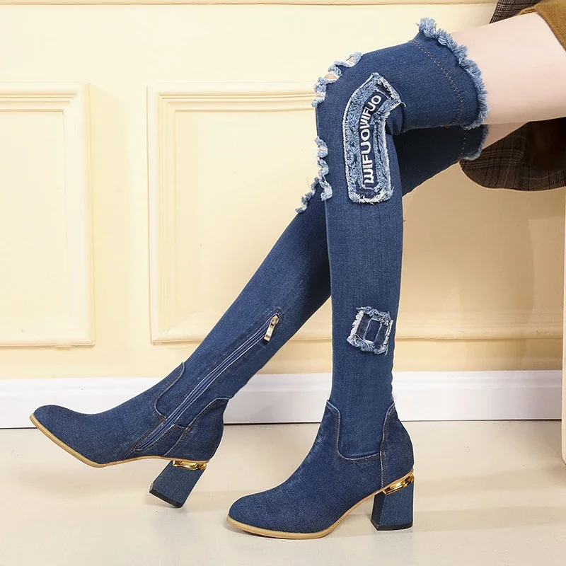 

Сапоги До Колена Для Женщин с высоким рукавом, новая модель на весну, осень и зиму, модные облегающие эластичные джинсовые сапоги
