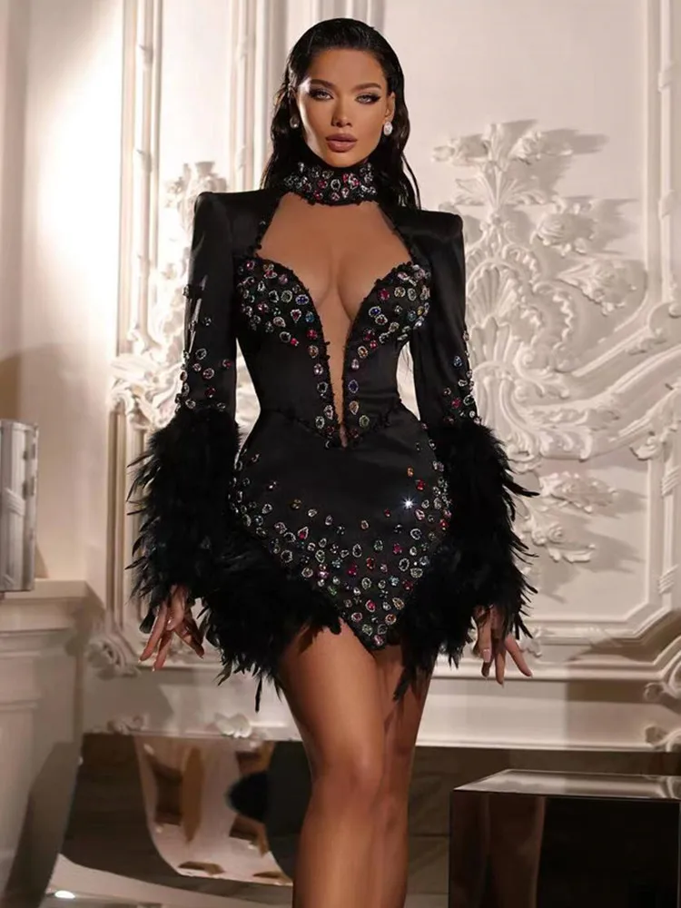 2023 Elegant Women Winter Sexy Crystal Rhinestone Feather Long Sleeve Black Dress Party Evening Stage Performance Dress Vestido
2023 Elegant Women Winter Sexy Crystal Rhinestone Feather Long Sleeve Black Dress Party Evening Stage Performance Dress Vestido